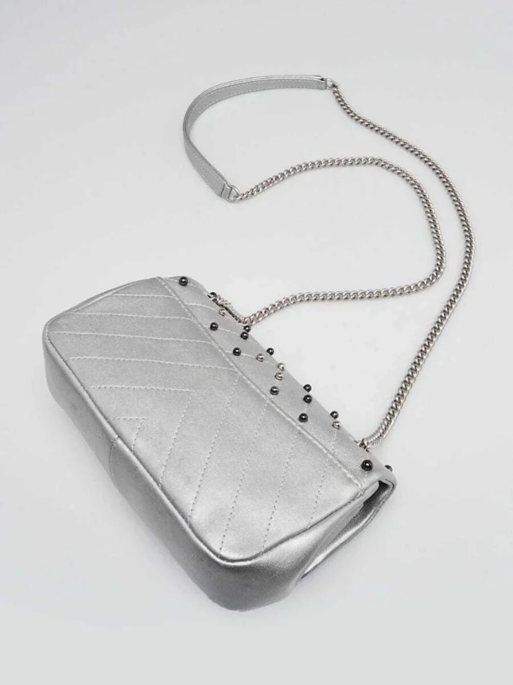 Chanel Silver Chevron Quilted Leather Studded Rectangular Mini Flap Bag
